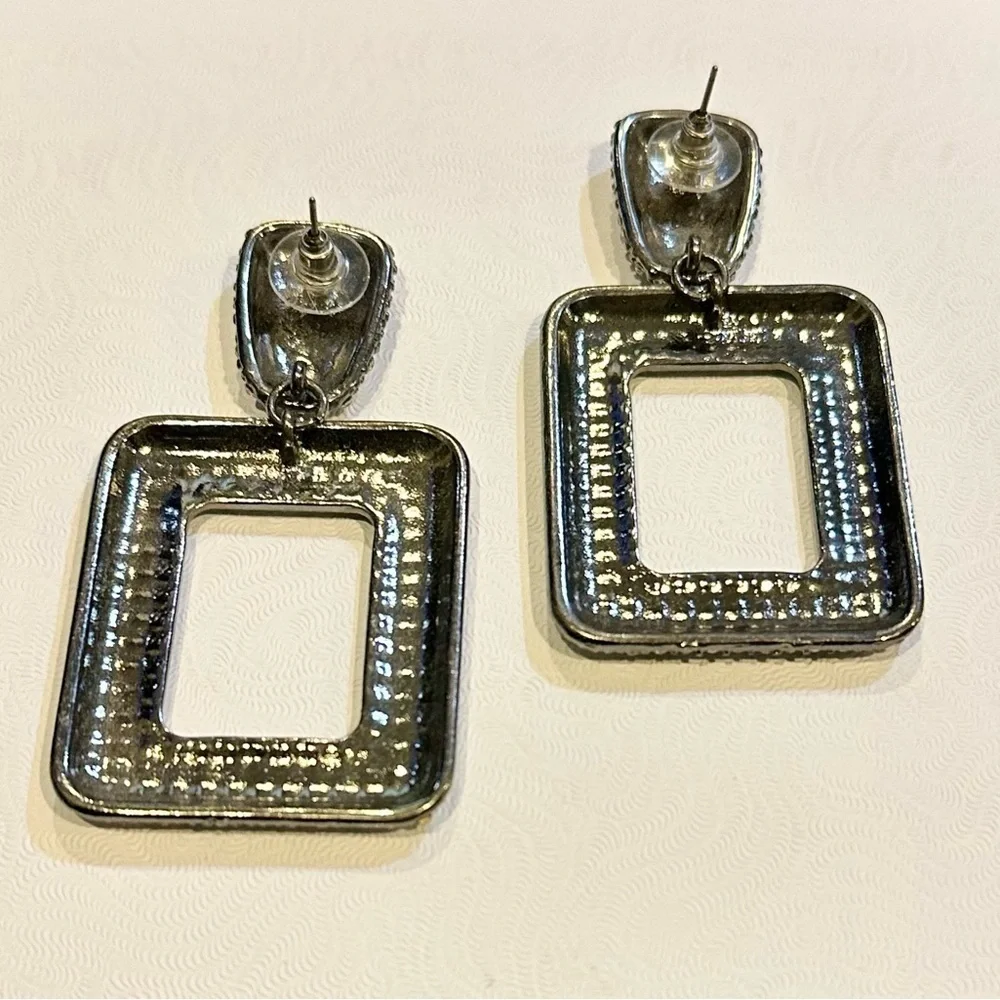 REBECCA MINKOFF XL Silver Crystal Rectangle Drop Earrings